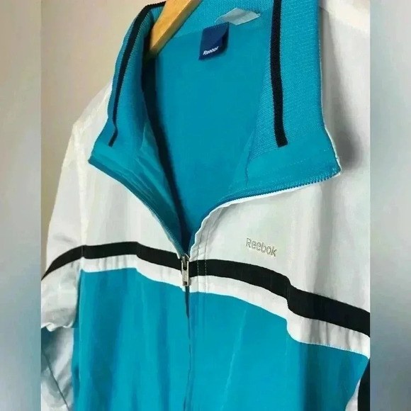 Retro Reebok Windbreaker Jacket Lined Full Zip Blue White Navy Stripe Y2K - Picture 5 of 14
